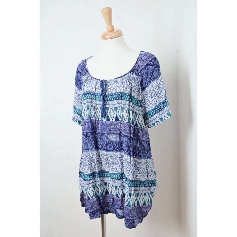 Faded Glory | Blue bohemian style t shirt with front tassel tie ups